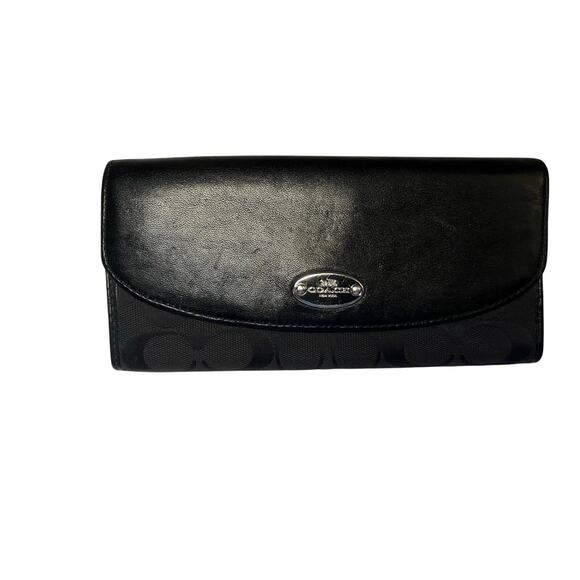 Gently Used Coach Signature Blk Canvas Leather Wallet Snap Closure Logo Classic - Picture 1 of 7